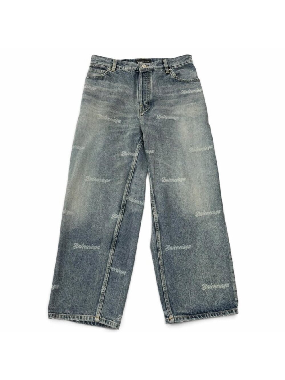 Balenciaga Cotton 100% Distressed Logo All Over Print Button Fly Denim Pants 28